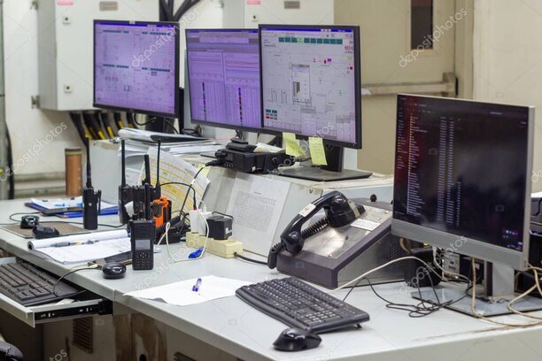 Operator monitoring multiple security camera feeds in a control room