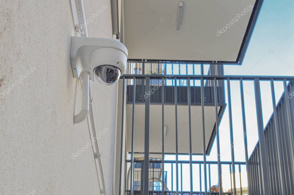 Apartment building entrance with security camera